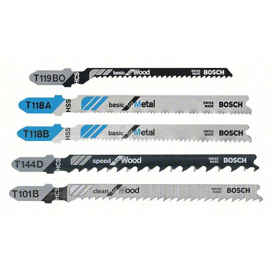 Jig Saw Blade Set: T Shank, 5 Pieces, Rigid for Straight Cuts Cutting Edge, Bi-Metal, 5 PK